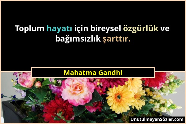 Mahatma Gandhi - Toplum hayatı için bireysel özgürlük ve bağımsızlık şarttır....