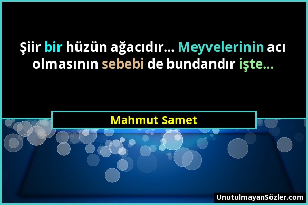 Mahmut Samet - Şiir bir hüzün ağacıdır... Meyvelerinin acı olmasının sebebi de bundandır işte......