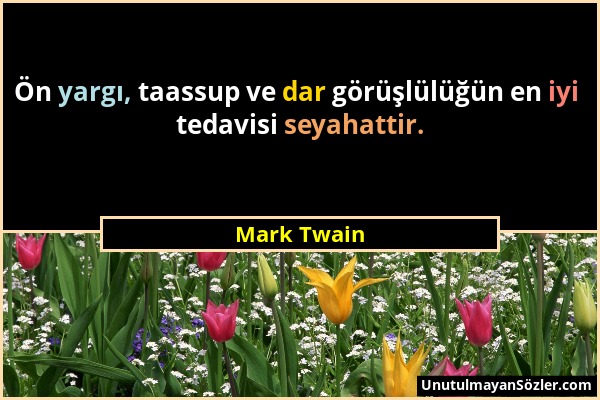 Mark Twain - Ön yargı, taassup ve dar görüşlülüğün en iyi tedavisi seyahattir....