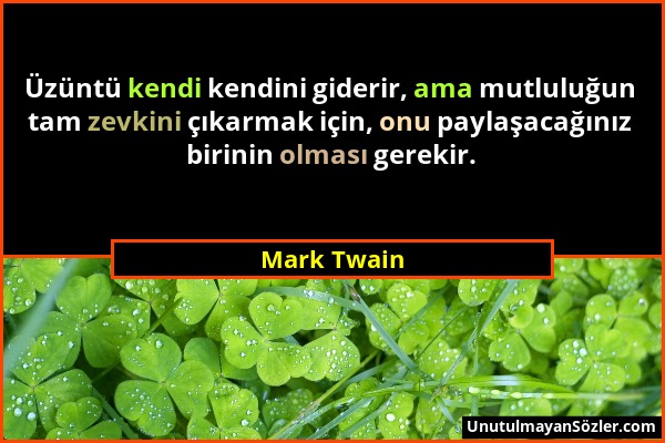 Mark Twain - Üzüntü kendi kendini giderir, ama mutluluğun tam zevkini çıkarmak için, onu paylaşacağınız birinin olması gerekir....