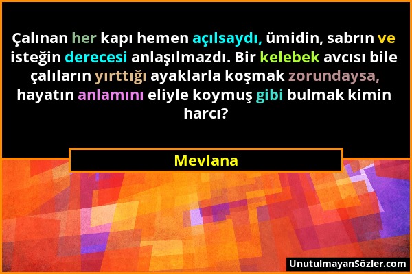 Mevlana - Çalınan her kapı hemen açılsaydı, ümidin, sabrın ve isteğin derecesi anlaşılmazdı. Bir kelebek avcısı bile çalıların yırttığı ayaklarla koşm...