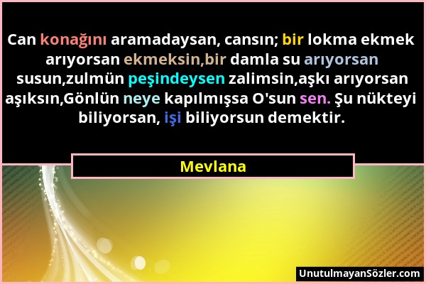 Mevlana - Can konağını aramadaysan, cansın; bir lokma ekmek arıyorsan ekmeksin,bir damla su arıyorsan susun,zulmün peşindeysen zalimsin,aşkı arıyorsan...