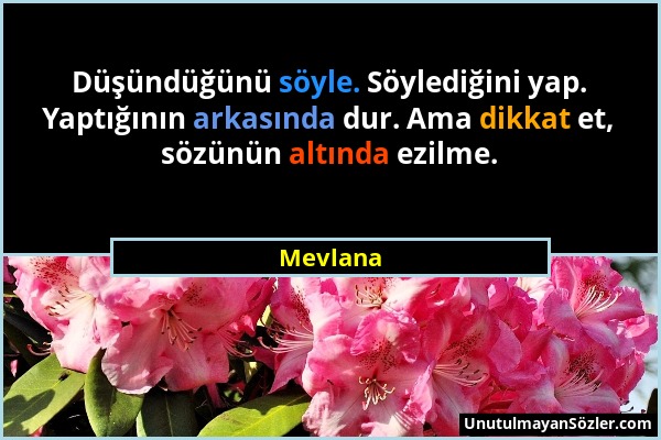 Mevlana - Düşündüğünü söyle. Söylediğini yap. Yaptığının arkasında dur. Ama dikkat et, sözünün altında ezilme....