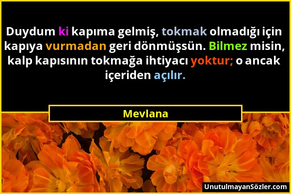 Mevlana - Duydum ki kapıma gelmiş, tokmak olmadığı için kapıya vurmadan geri dönmüşsün. Bilmez misin, kalp kapısının tokmağa ihtiyacı yoktur; o ancak...