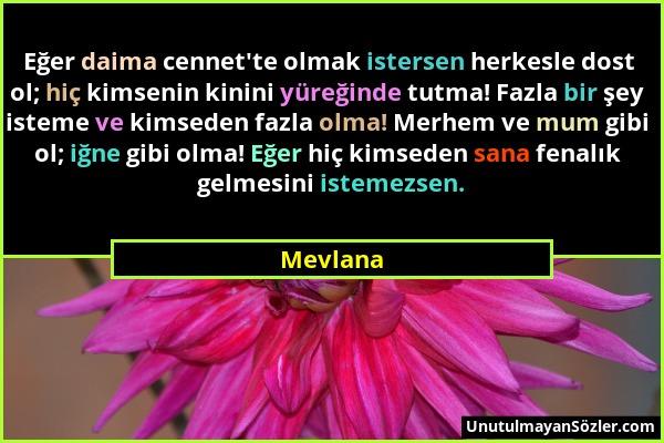 Mevlana - Eğer daima cennet'te olmak istersen herkesle dost ol; hiç kimsenin kinini yüreğinde tutma! Fazla bir şey isteme ve kimseden fazla olma! Merh...