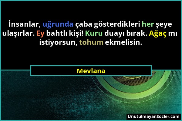 Mevlana - İnsanlar, uğrunda çaba gösterdikleri her şeye ulaşırlar. Ey bahtlı kişi! Kuru duayı bırak. Ağaç mı istiyorsun, tohum ekmelisin....