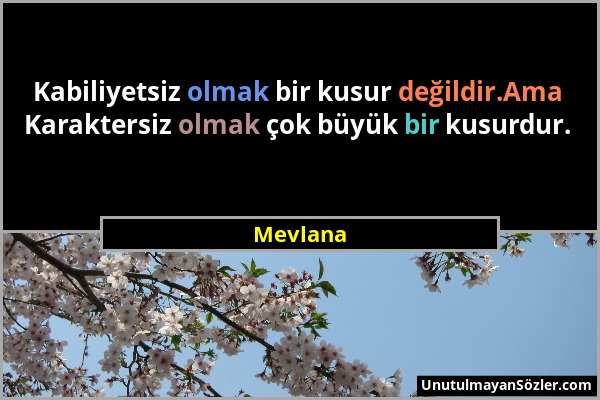 Mevlana - Kabiliyetsiz olmak bir kusur değildir.Ama Karaktersiz olmak çok büyük bir kusurdur....