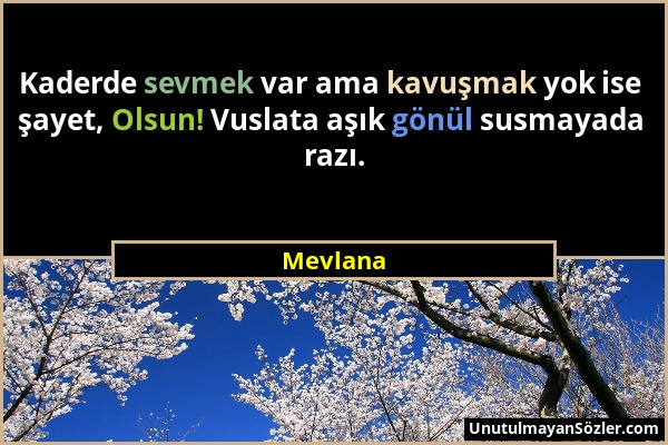 Mevlana - Kaderde sevmek var ama kavuşmak yok ise şayet, Olsun! Vuslata aşık gönül susmayada razı....