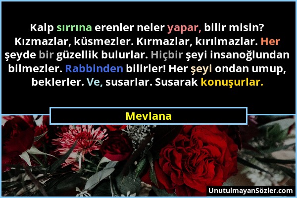 Mevlana - Kalp sırrına erenler neler yapar, bilir misin? Kızmazlar, küsmezler. Kırmazlar, kırılmazlar. Her şeyde bir güzellik bulurlar. Hiçbir şeyi in...