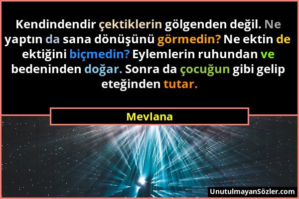 Mevlana - Kendindendir çektiklerin gölgenden değil. Ne yaptın da sana dönüşünü görmedin? Ne ektin de ektiğini biçmedin? Eylemlerin ruhundan ve bedenin...