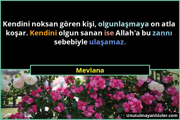 Mevlana - Kendini noksan gören kişi, olgunlaşmaya on atla koşar. Kendini olgun sanan ise Allah'a bu zannı sebebiyle ulaşamaz....