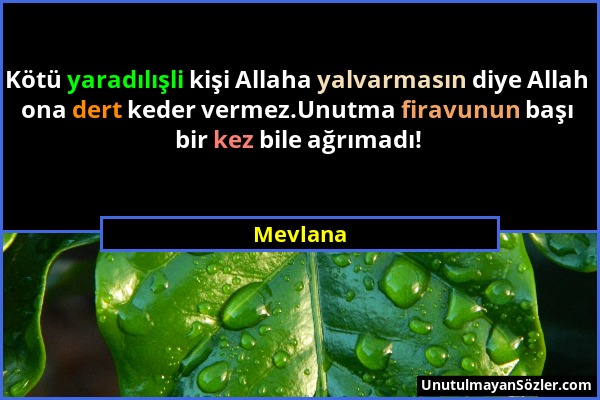 Mevlana - Kötü yaradılışli kişi Allaha yalvarmasın diye Allah ona dert keder vermez.Unutma firavunun başı bir kez bile ağrımadı!...