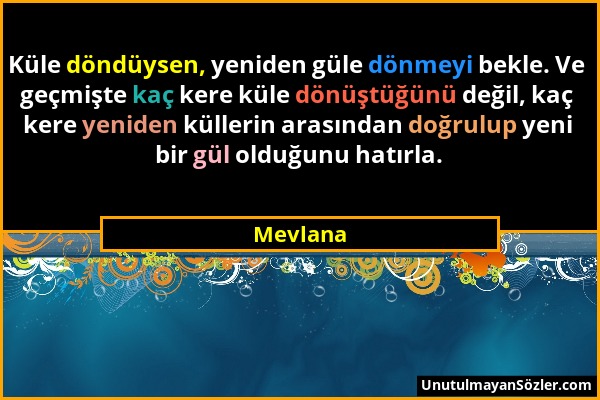 Mevlana - Küle döndüysen, yeniden güle dönmeyi bekle. Ve geçmişte kaç kere küle dönüştüğünü değil, kaç kere yeniden küllerin arasından doğrulup yeni b...