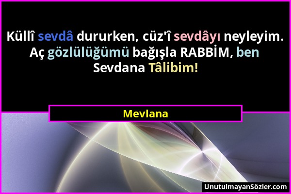 Mevlana - Küllî sevdâ dururken, cüz'î sevdâyı neyleyim. Aç gözlülüğümü bağışla RABBİM, ben Sevdana Tâlibim!...