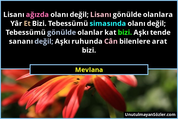 Mevlana - Lisanı ağızda olanı değil; Lisanı gönülde olanlara Yâr Et Bizi. Tebessümü simasında olanı değil; Tebessümü gönülde olanlar kat bizi. Aşkı te...