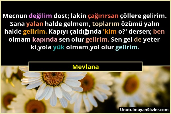 Mevlana - Mecnun değilim dost; lakin çağırırsan çöllere gelirim. Sana yalan halde gelmem, toplarım özümü yalın halde gelirim. Kapıyı çaldığında 'kim o...