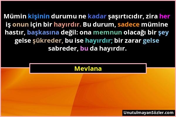 Mevlana - Mümin kişinin durumu ne kadar şaşırtıcıdır, zira her iş onun için bir hayırdır. Bu durum, sadece mümine hastır, başkasına değil: ona memnun...