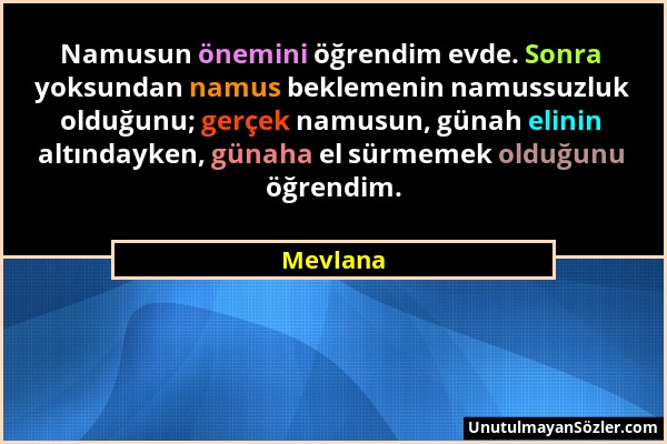 Mevlana - Namusun önemini öğrendim evde. Sonra yoksundan namus beklemenin namussuzluk olduğunu; gerçek namusun, günah elinin altındayken, günaha el sü...