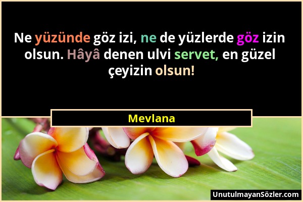 Mevlana - Ne yüzünde göz izi, ne de yüzlerde göz izin olsun. Hâyâ denen ulvi servet, en güzel çeyizin olsun!...