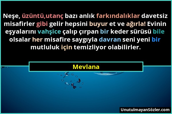 Mevlana - Neşe, üzüntü,utanç bazı anlık farkındalıklar davetsiz misafirler gibi gelir hepsini buyur et ve ağırla! Evinin eşyalarını vahşice çalıp çırp...