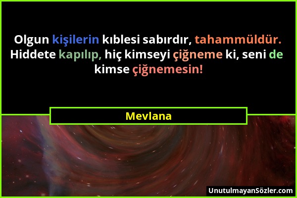 Mevlana - Olgun kişilerin kıblesi sabırdır, tahammüldür. Hiddete kapılıp, hiç kimseyi çiğneme ki, seni de kimse çiğnemesin!...