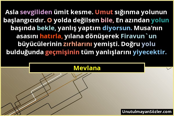 Mevlana - Asla sevgiliden ümit kesme. Umut sığınma yolunun başlangıcıdır. O yolda değilsen bile, En azından yolun başında bekle, yanlış yaptım diyorsu...