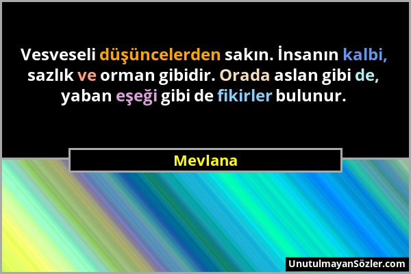 Mevlana - Vesveseli düşüncelerden sakın. İnsanın kalbi, sazlık ve orman gibidir. Orada aslan gibi de, yaban eşeği gibi de fikirler bulunur....