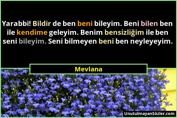 Mevlana - Yarabbi! Bildir de ben beni bileyim. Beni bilen ben ile kendime geleyim. Benim bensizliğim ile ben seni bileyim. Seni bilmeyen beni ben neyl...