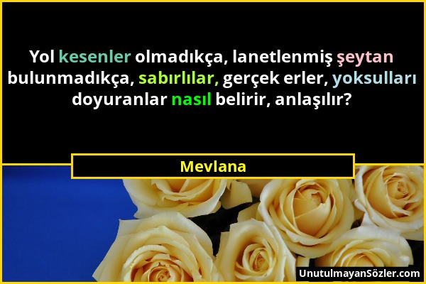 Mevlana - Yol kesenler olmadıkça, lanetlenmiş şeytan bulunmadıkça, sabırlılar, gerçek erler, yoksulları doyuranlar nasıl belirir, anlaşılır?...