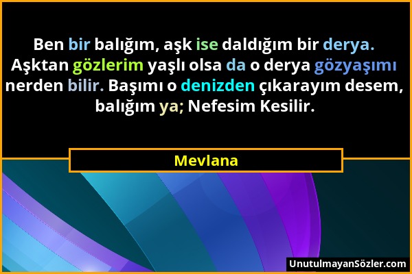 Mevlana - Ben bir balığım, aşk ise daldığım bir derya. Aşktan gözlerim yaşlı olsa da o derya gözyaşımı nerden bilir. Başımı o denizden çıkarayım desem...