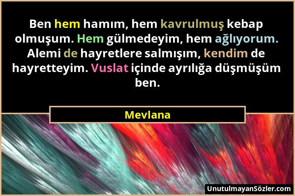 Mevlana - Ben hem hamım, hem kavrulmuş kebap olmuşum. Hem gülmedeyim, hem ağlıyorum. Alemi de hayretlere salmışım, kendim de hayretteyim. Vuslat içind...