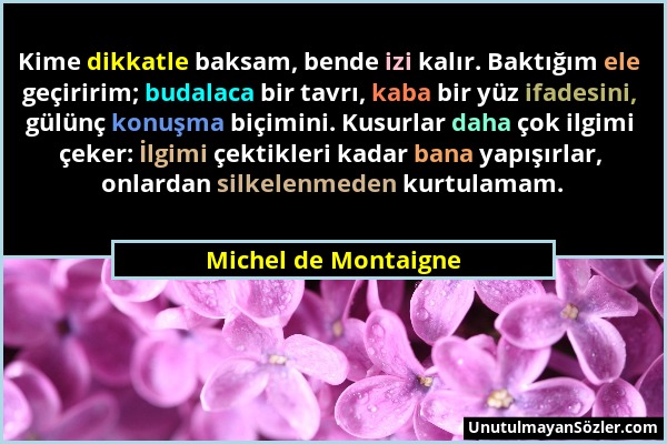 Michel de Montaigne - Kime dikkatle baksam, bende izi kalır. Baktığım ele geçiririm; budalaca bir tavrı, kaba bir yüz ifadesini, gülünç konuşma biçimi...