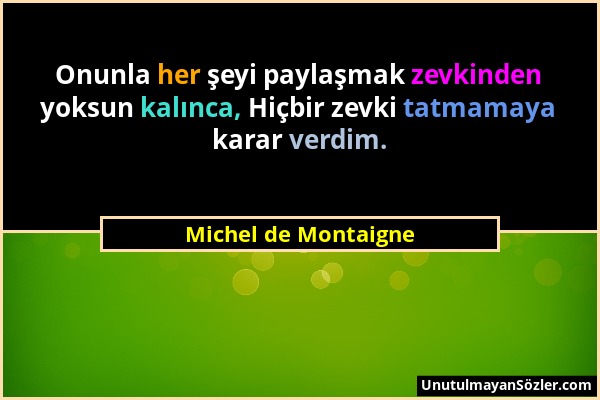 Michel de Montaigne - Onunla her şeyi paylaşmak zevkinden yoksun kalınca, Hiçbir zevki tatmamaya karar verdim....