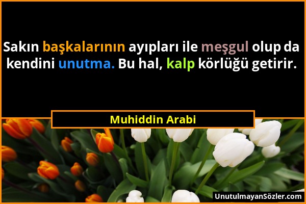 Muhiddin Arabi - Sakın başkalarının ayıpları ile meşgul olup da kendini unutma. Bu hal, kalp körlüğü getirir....