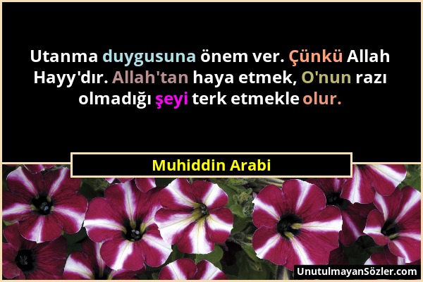 Muhiddin Arabi - Utanma duygusuna önem ver. Çünkü Allah Hayy'dır. Allah'tan haya etmek, O'nun razı olmadığı şeyi terk etmekle olur....