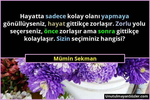 Mümin Sekman - Hayatta sadece kolay olanı yapmaya gönüllüyseniz, hayat gittikçe zorlaşır. Zorlu yolu seçerseniz, önce zorlaşır ama sonra gittikçe kola...