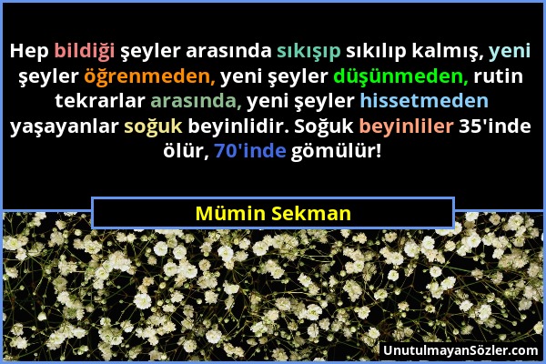 Mümin Sekman - Hep bildiği şeyler arasında sıkışıp sıkılıp kalmış, yeni şeyler öğrenmeden, yeni şeyler düşünmeden, rutin tekrarlar arasında, yeni şeyl...