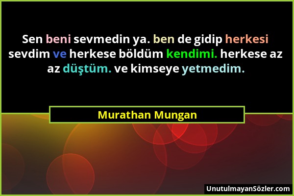 Murathan Mungan - Sen beni sevmedin ya. ben de gidip herkesi sevdim ve herkese böldüm kendimi. herkese az az düştüm. ve kimseye yetmedim....