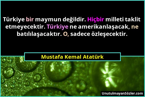 Mustafa Kemal Atatürk - Türkiye bir maymun değildir. Hiçbir milleti taklit etmeyecektir. Türkiye ne amerikanlaşacak, ne batılılaşacaktır. O, sadece öz...