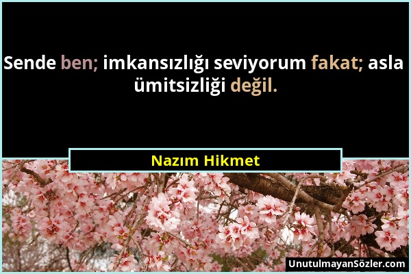 Nazım Hikmet - Sende ben; imkansızlığı seviyorum fakat; asla ümitsizliği değil....