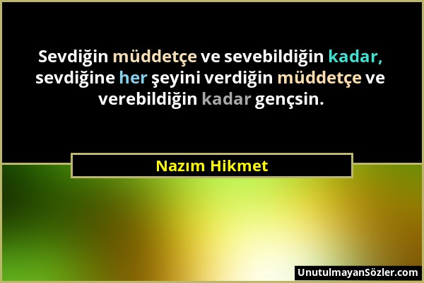 Nazım Hikmet - Sevdiğin müddetçe ve sevebildiğin kadar, sevdiğine her şeyini verdiğin müddetçe ve verebildiğin kadar gençsin....