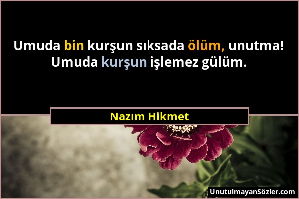 Nazım Hikmet - Umuda bin kurşun sıksada ölüm, unutma! Umuda kurşun işlemez gülüm....