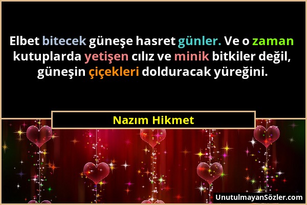 Nazım Hikmet - Elbet bitecek güneşe hasret günler. Ve o zaman kutuplarda yetişen cılız ve minik bitkiler değil, güneşin çiçekleri dolduracak yüreğini....