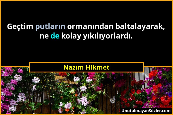 Nazım Hikmet - Geçtim putların ormanından baltalayarak, ne de kolay yıkılıyorlardı....