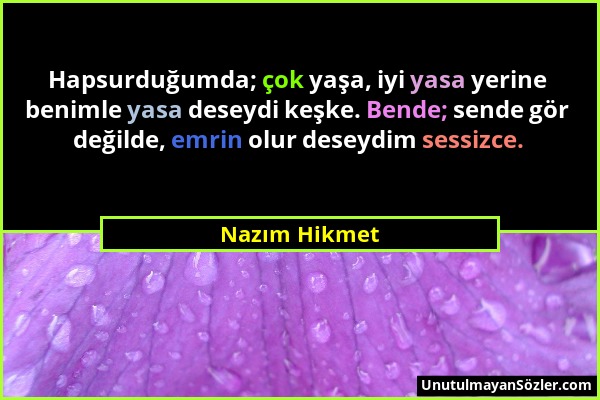 Nazım Hikmet - Hapsurduğumda; çok yaşa, iyi yasa yerine benimle yasa deseydi keşke. Bende; sende gör değilde, emrin olur deseydim sessizce....