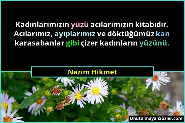 Nazım Hikmet - Kadınlarımızın yüzü acılarımızın kitabıdır. Acılarımız, ayıplarımız ve döktüğümüz kan karasabanlar gibi çizer kadınların yüzünü....