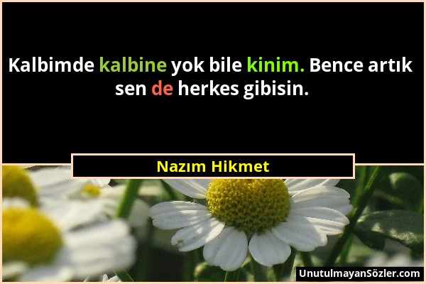 Nazım Hikmet - Kalbimde kalbine yok bile kinim. Bence artık sen de herkes gibisin....