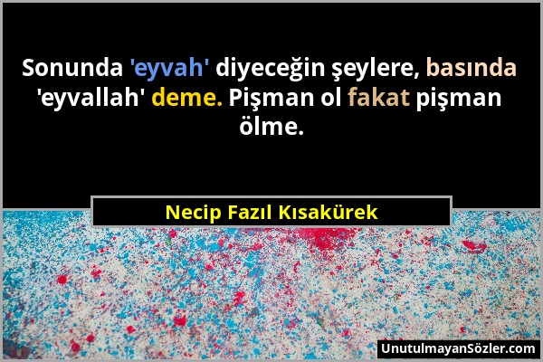 Necip Fazıl Kısakürek - Sonunda 'eyvah' diyeceğin şeylere, basında 'eyvallah' deme. Pişman ol fakat pişman ölme....