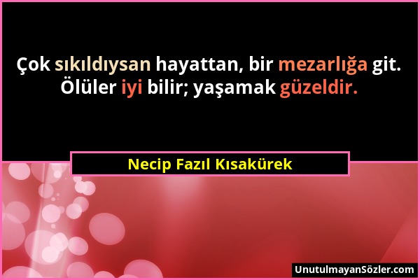 Necip Fazıl Kısakürek - Çok sıkıldıysan hayattan, bir mezarlığa git. Ölüler iyi bilir; yaşamak güzeldir....