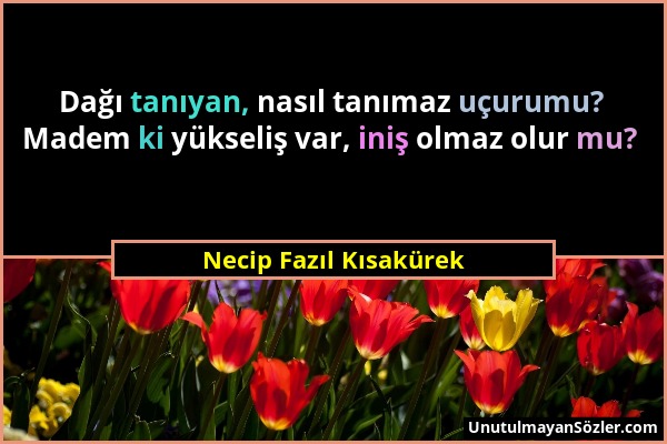 Necip Fazıl Kısakürek - Dağı tanıyan, nasıl tanımaz uçurumu? Madem ki yükseliş var, iniş olmaz olur mu?...